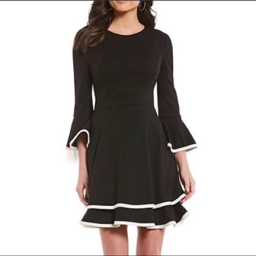 Eliza J Black White Trim Bell Sleeve Layered Ponte Knit Fit N Flare Dress Size 0